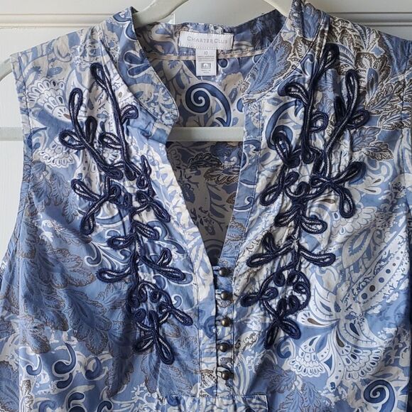 CHARTER CLUB EMBROIDERED COTTON FLORAL TUNIC SIZE 10 BOHO BLUE BEIGE SLEEVELESS - Picture 2 of 8